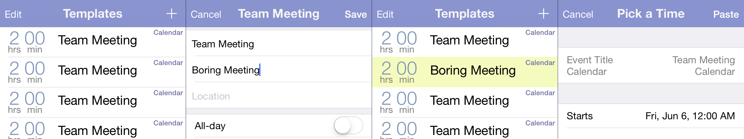 Calendar Paste screenshot showing event templates